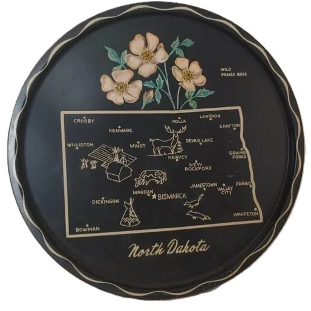 North Dakota Plate Vintage Metal State Tray Wall Art Decorโ Collectible